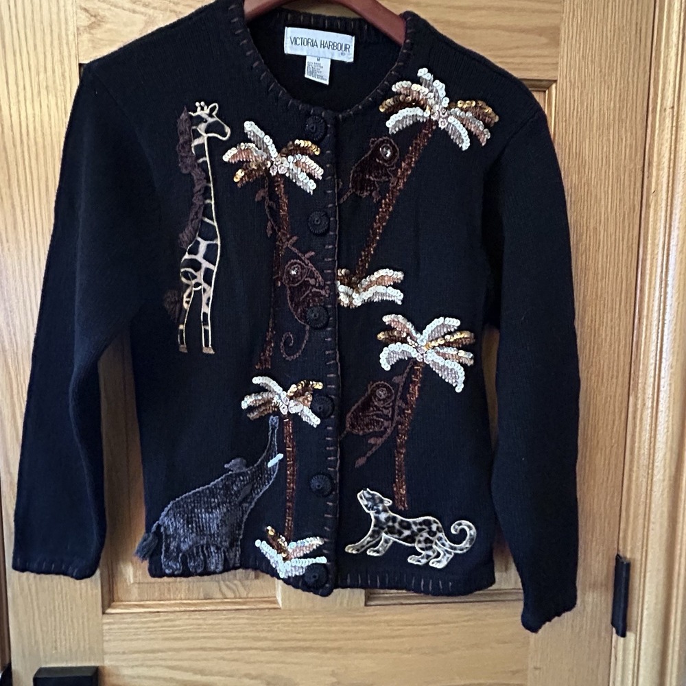 Victoria Harbour Women's Black Monkey Palm Tree Sequin Sweater M Cardigan Button